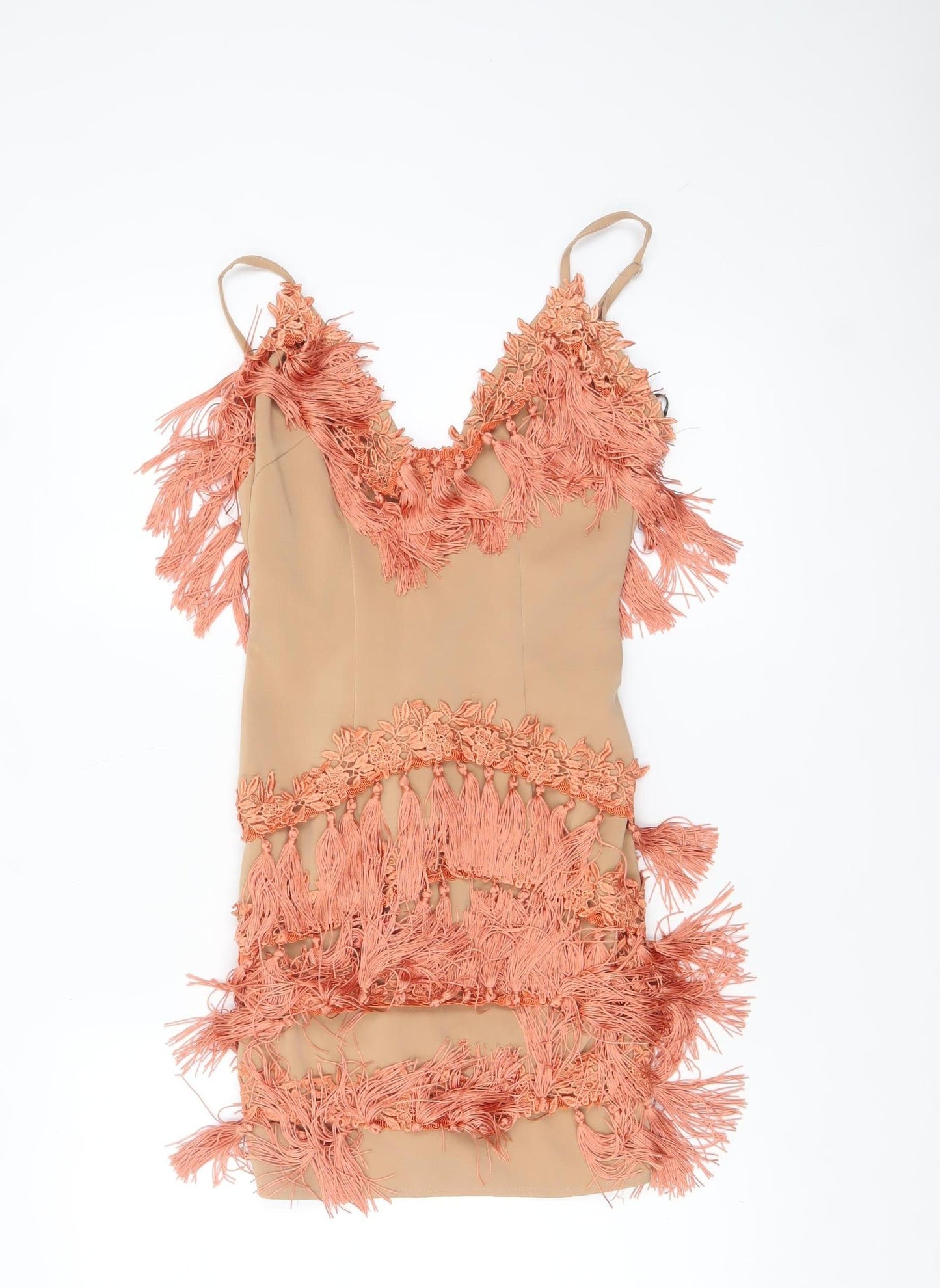 Motel Women Beige Fringe Bodycon Party Dress Size 6