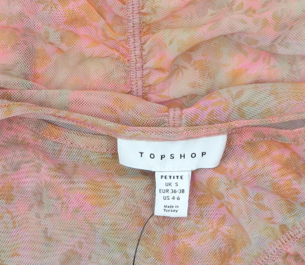 Topshop Petite Women’s Pink Floral Mesh Ruffle Blouse UK S