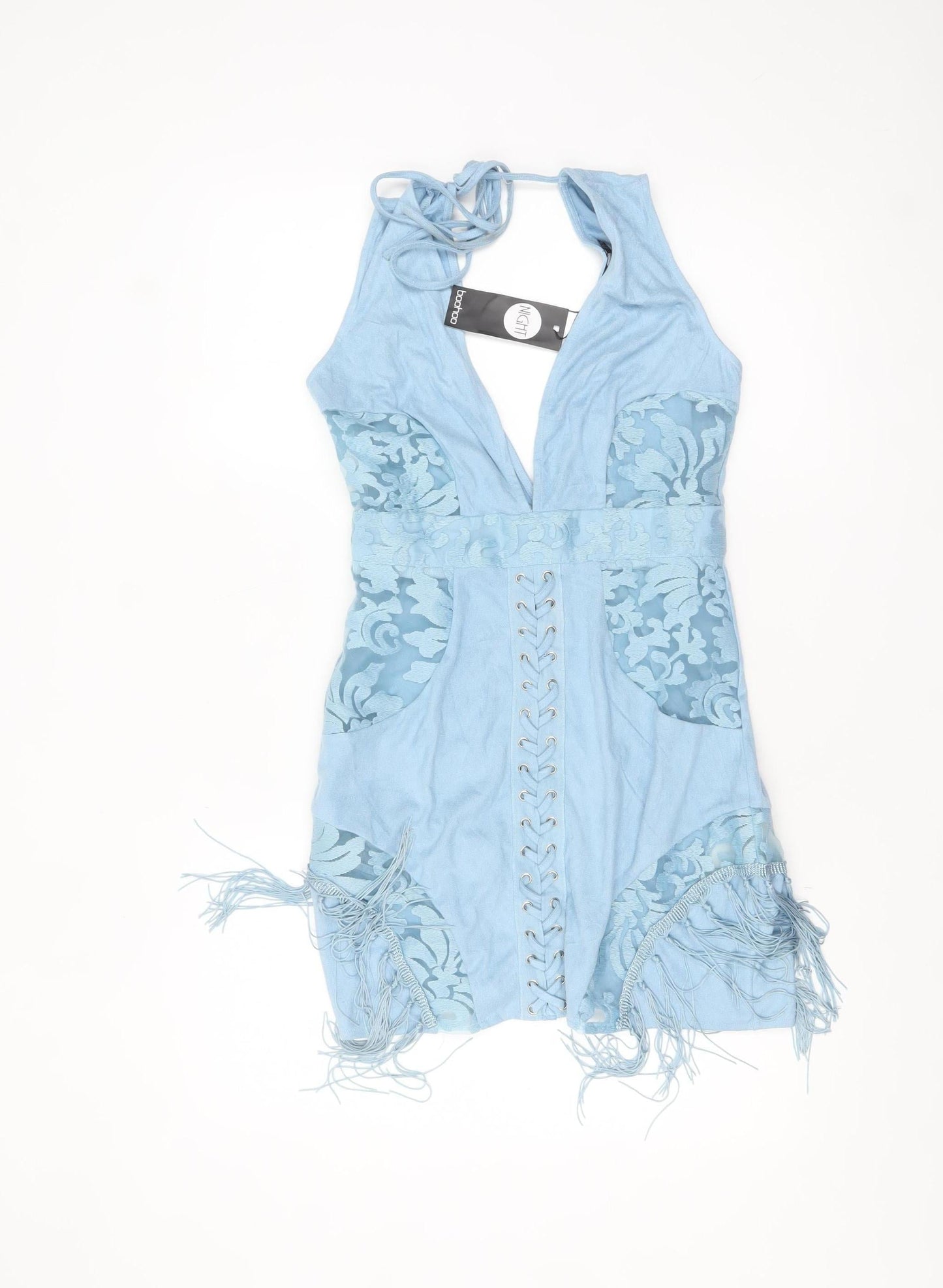 Boohoo Women’s Blue Halter Bodycon Fringe Party Dress Size 10