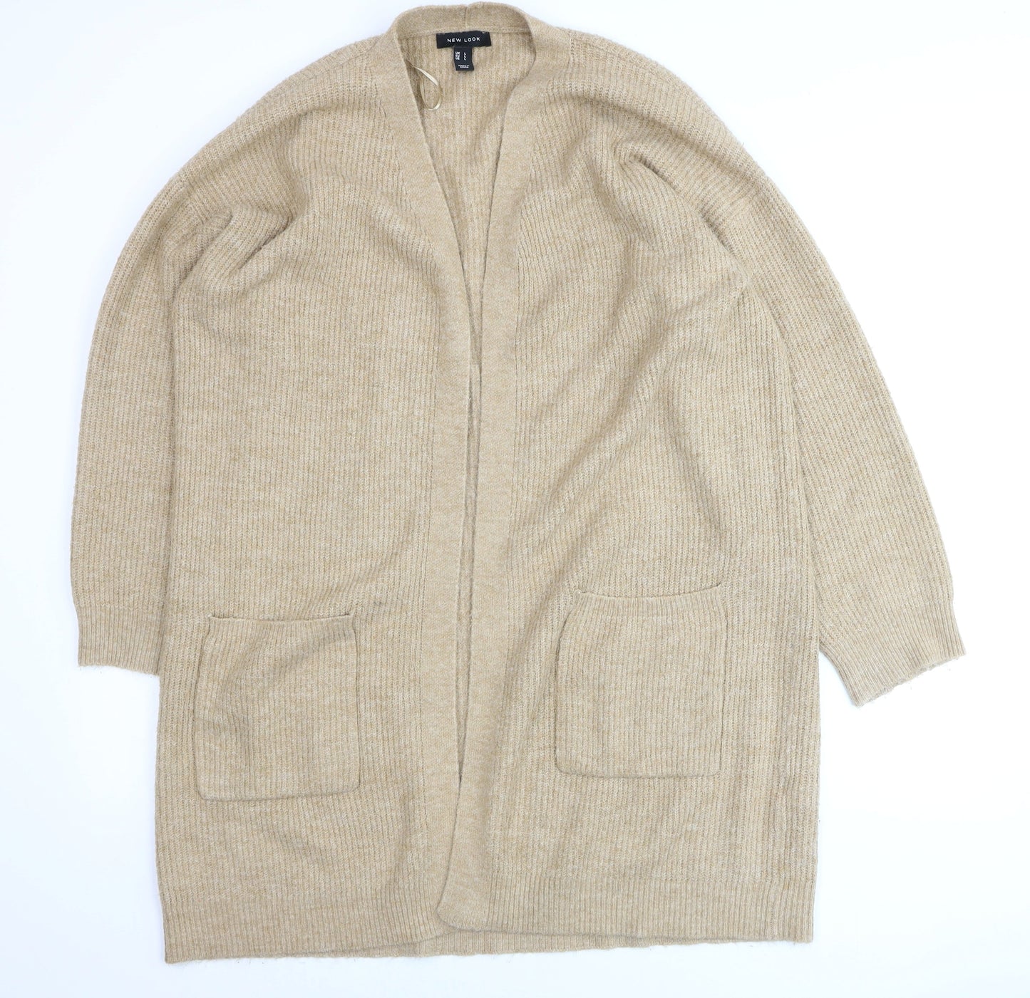 New Look Women Beige Longline Cardigan L Knit Open Front Jumper