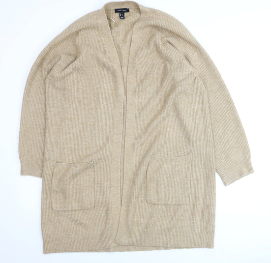 New Look Women Beige Longline Cardigan L Knit Open Front Jumper