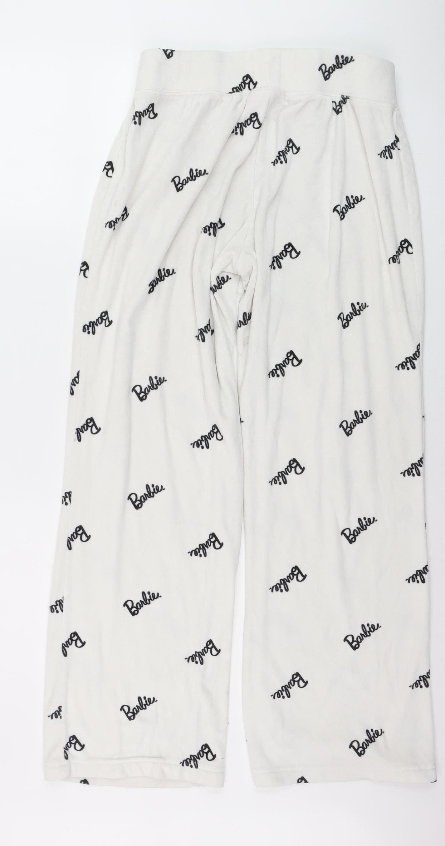 Barbie Women White Fleece Pyjama Pants Trousers Size 10-12 Very Good