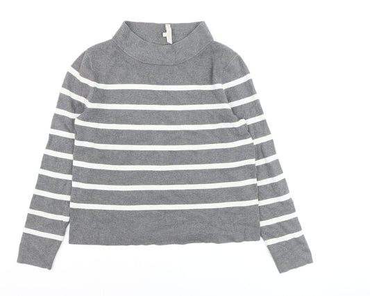 Hobbs Women Grey White Striped Roll Neck Cotton Jumper Size M
