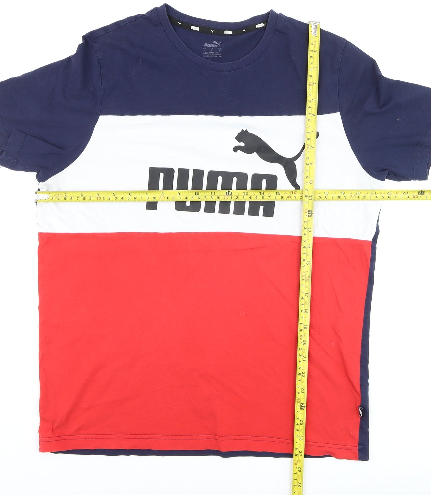 Puma Men's Navy Red White Colourblock Logo Short Sleeve T-Shirt L