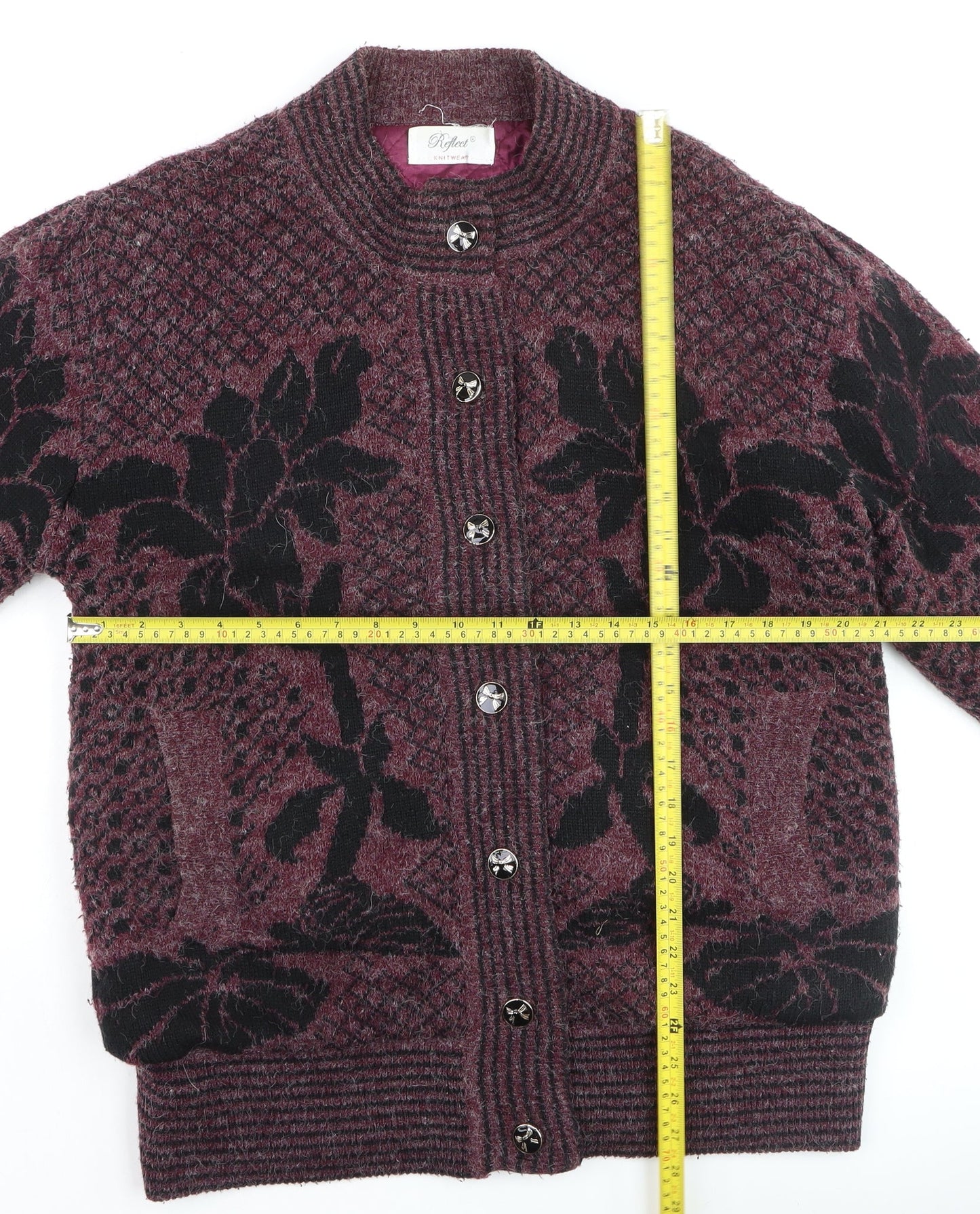 Reflect Womens Burgundy Black Floral Knit Cardigan S/M