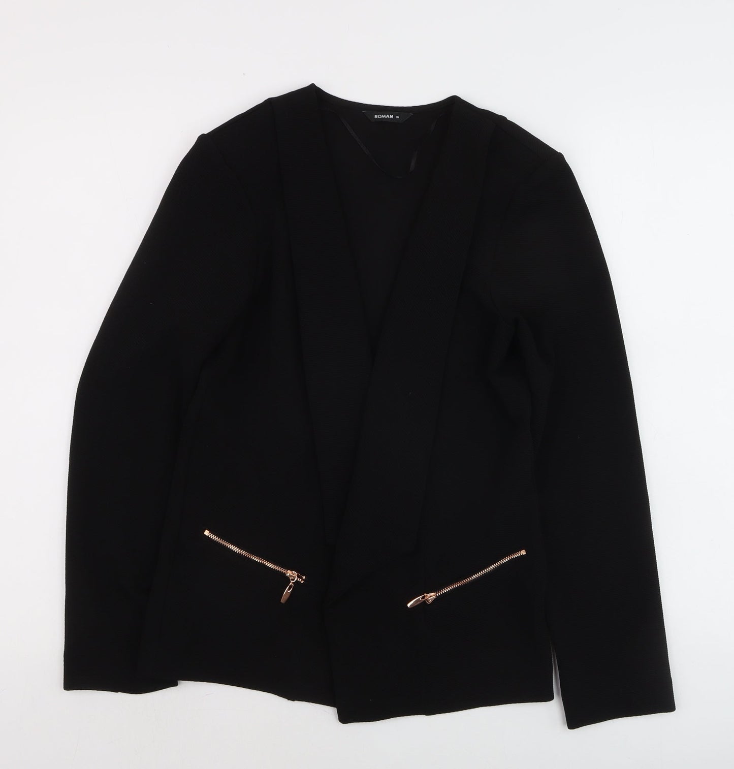Roman Womens Black Size 10 Open Front Zip Pocket Blazer Jacket