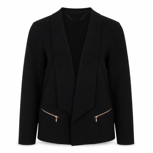 Roman Womens Black Size 10 Open Front Zip Pocket Blazer Jacket