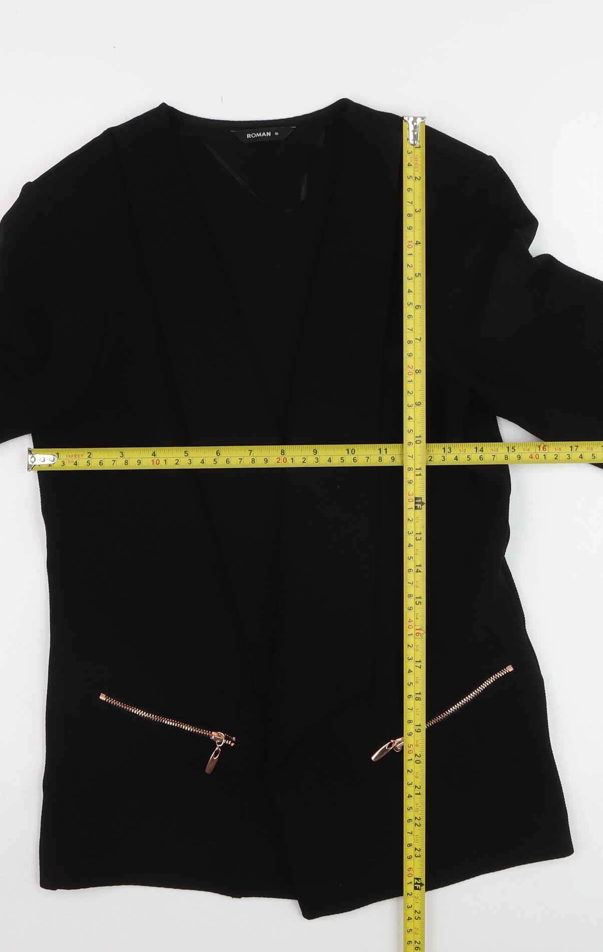 Roman Womens Black Size 10 Open Front Zip Pocket Blazer Jacket