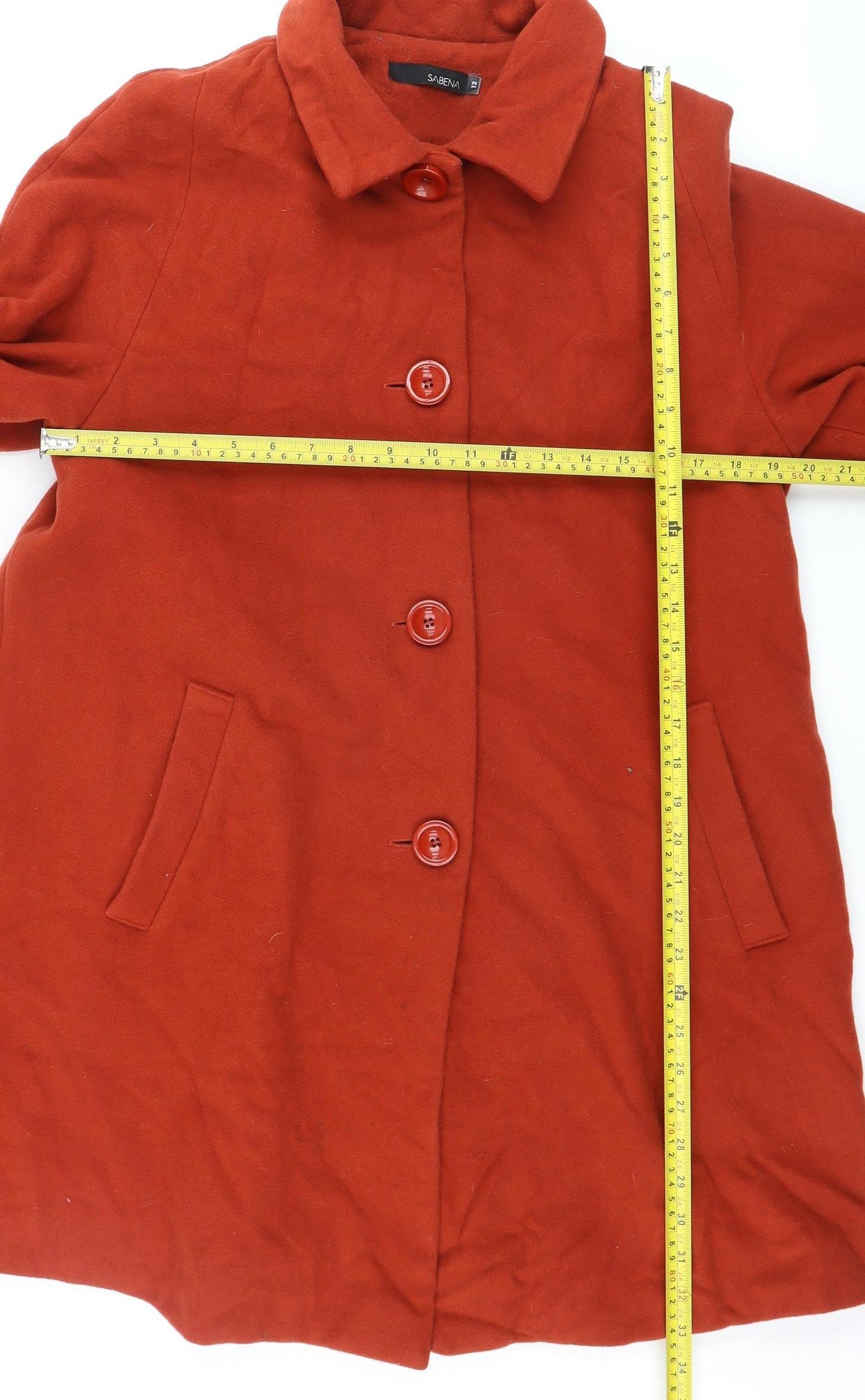 Sabena Women's Red Wool Cashmere Blend Mid-Length Overcoat Size 12