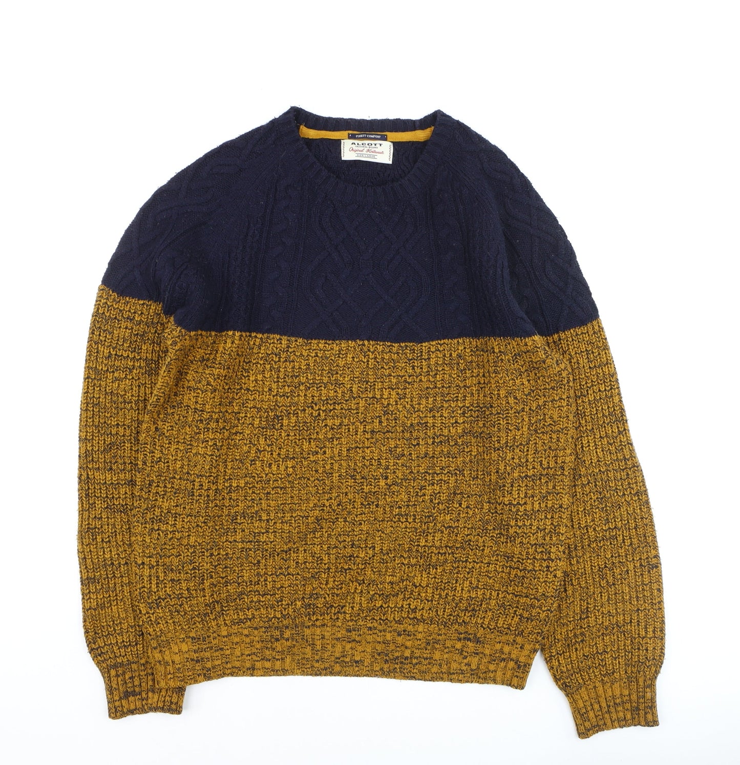 Alcott Men's Blue Yellow Chunky Cable Knit Crew Neck Jumper Size L