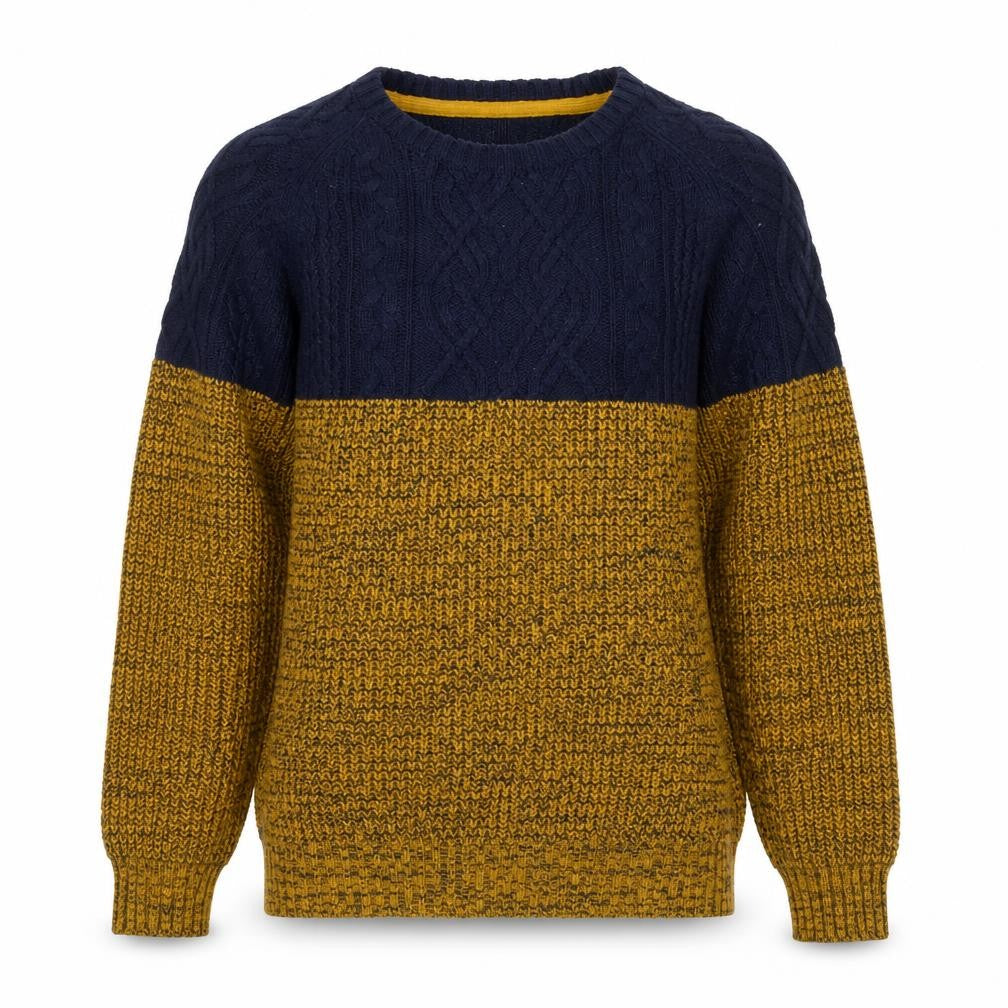 Alcott Men's Blue Yellow Chunky Cable Knit Crew Neck Jumper Size L