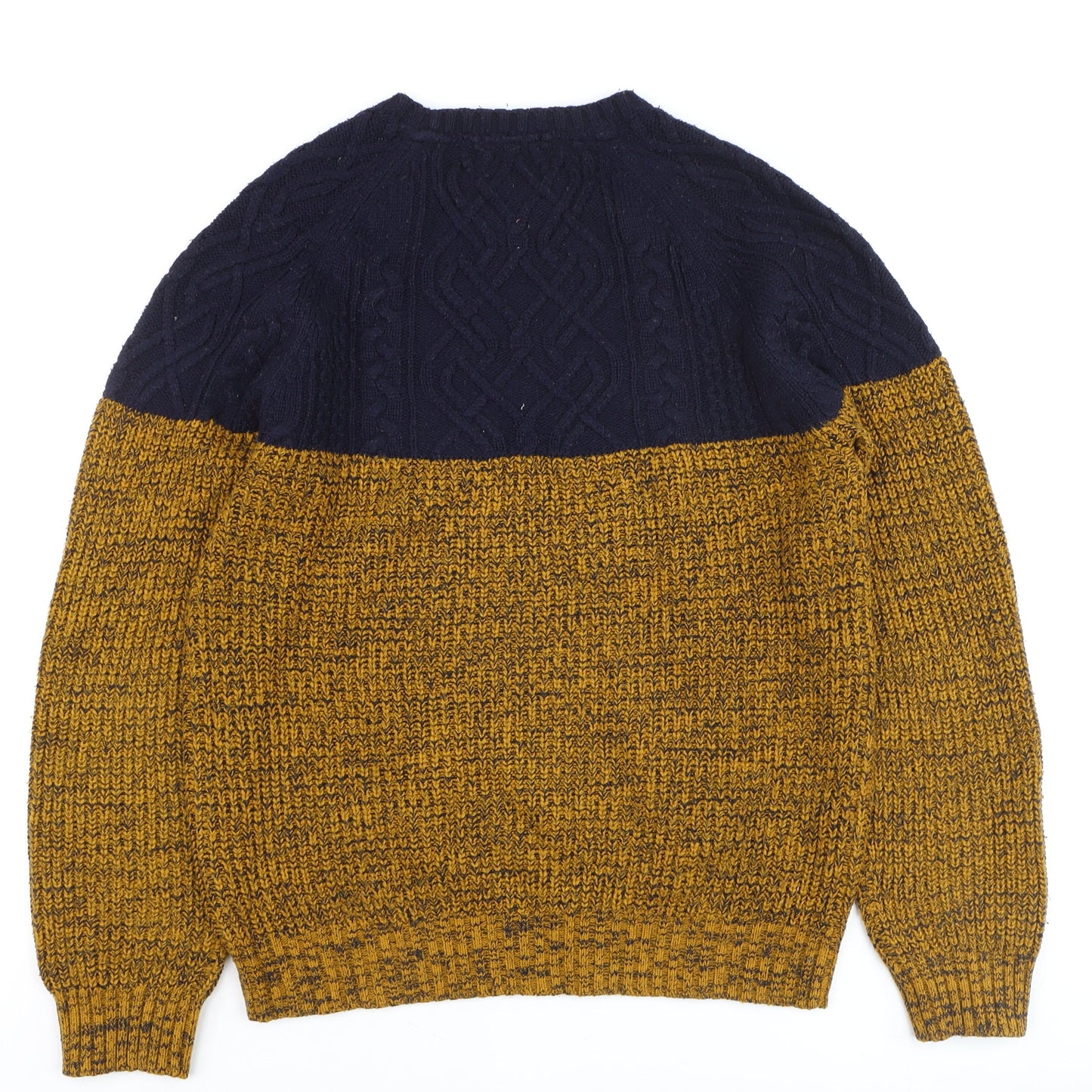 Alcott Men's Blue Yellow Chunky Cable Knit Crew Neck Jumper Size L
