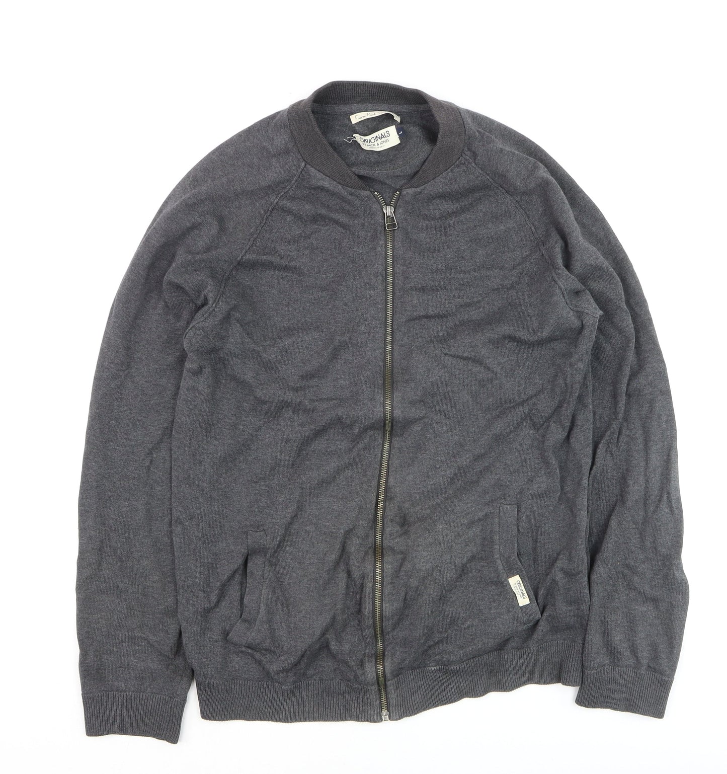 Jack & Jones Mens Grey Full Zip Cotton Jumper Size L