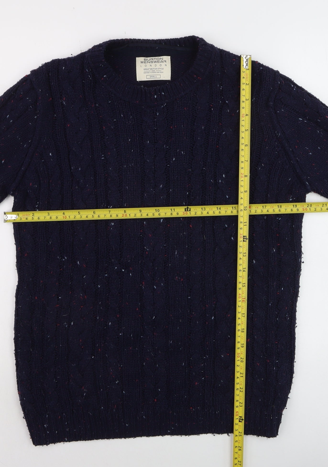 Burton Menswear Navy Wool Cable-Knit Crew Neck Jumper Small
