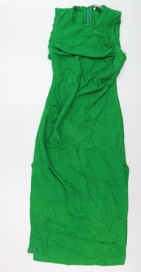ZARA Women Green Sheath Midi Dress Size 8 Fringe Detail