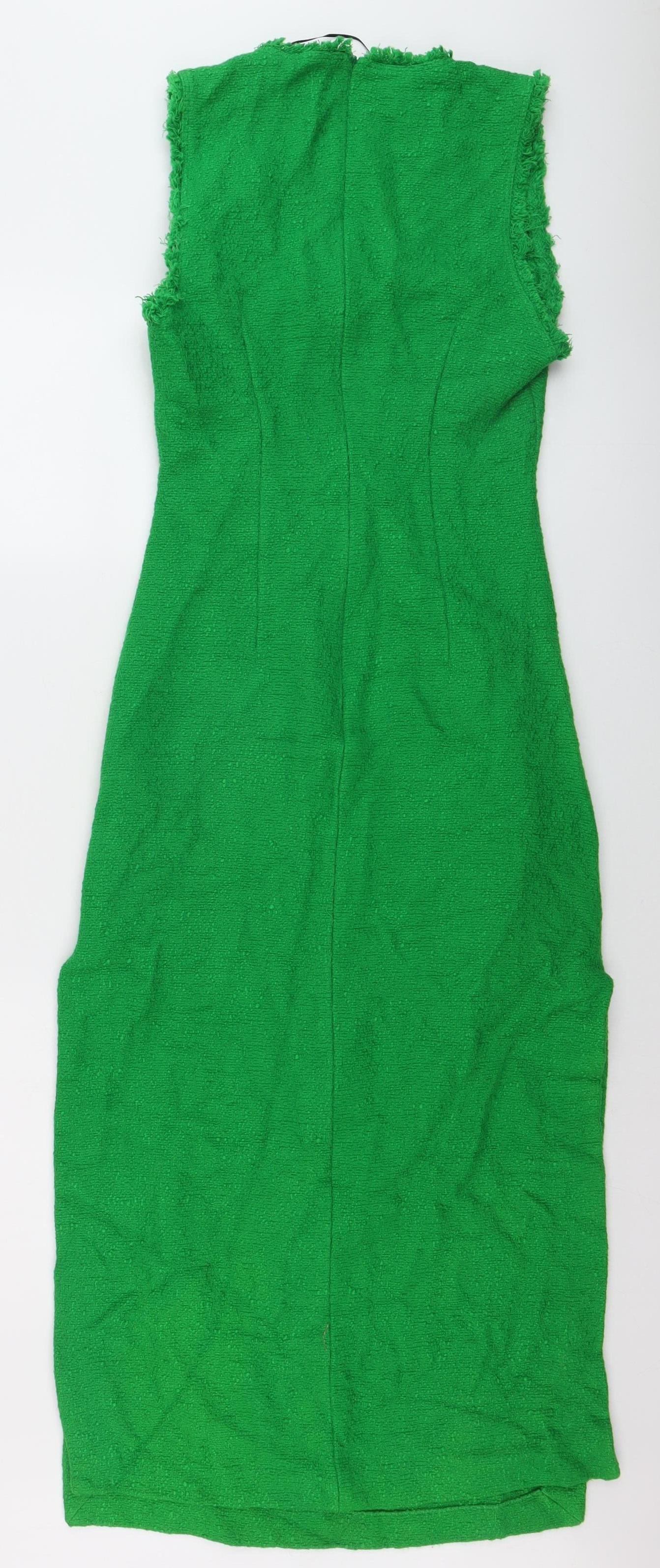 ZARA Women Green Sheath Midi Dress Size 8 Fringe Detail