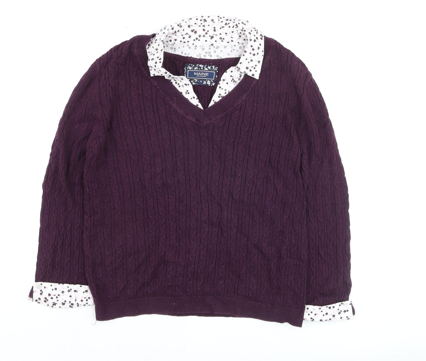Maine New England Women's Purple Cable-Knit V-Neck Cotton Jumper Size 14