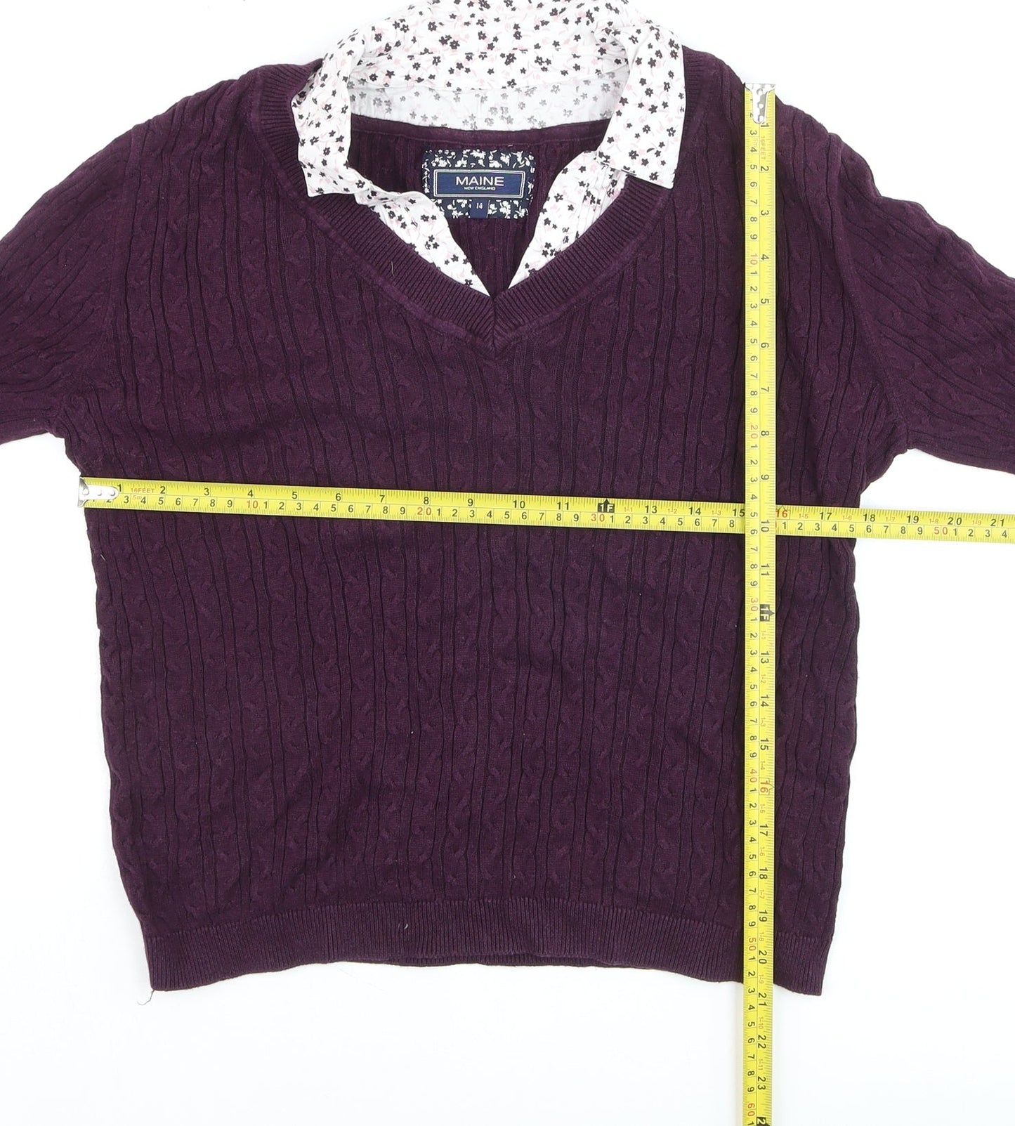 Maine New England Women's Purple Cable-Knit V-Neck Cotton Jumper Size 14