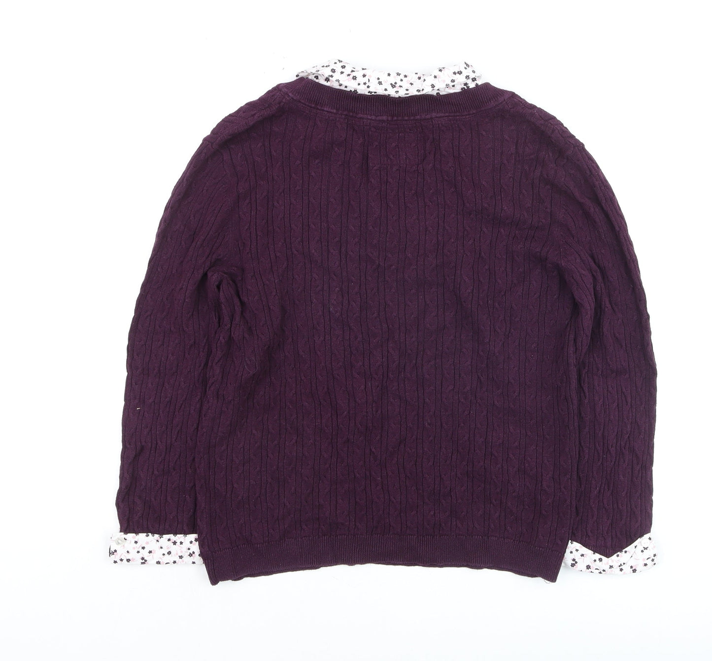 Maine New England Women's Purple Cable-Knit V-Neck Cotton Jumper Size 14