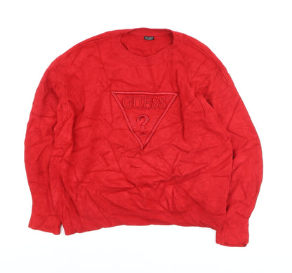 Additional front view of Guess women’s red crew neck logo jumper, size S