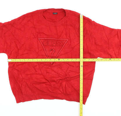 Back view of Guess women’s red crew neck logo jumper, size S