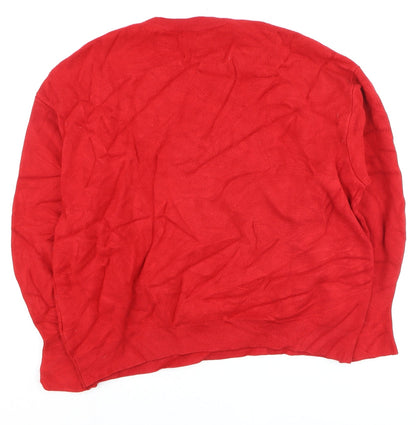 Close-up detail of Guess women’s red crew neck logo jumper, size S