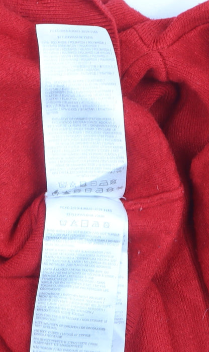 Brand and care label for Guess women’s red crew neck logo jumper, size S
