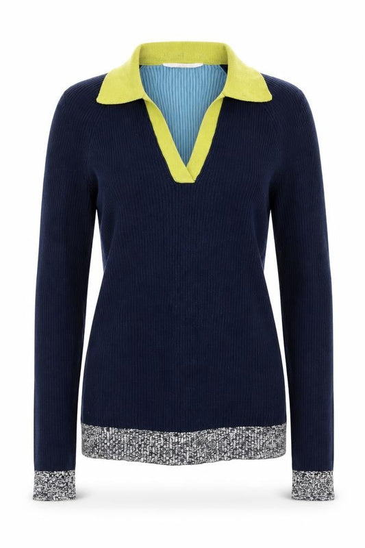 Front view of White Stuff Women’s Blue Green Polo Long Sleeve Cotton Top, size UK 8