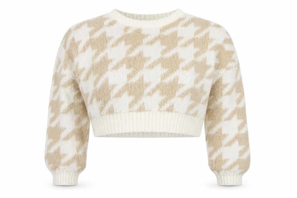 PRETTYLITTLETHING Women’s Beige Houndstooth Knit Jumper Size S