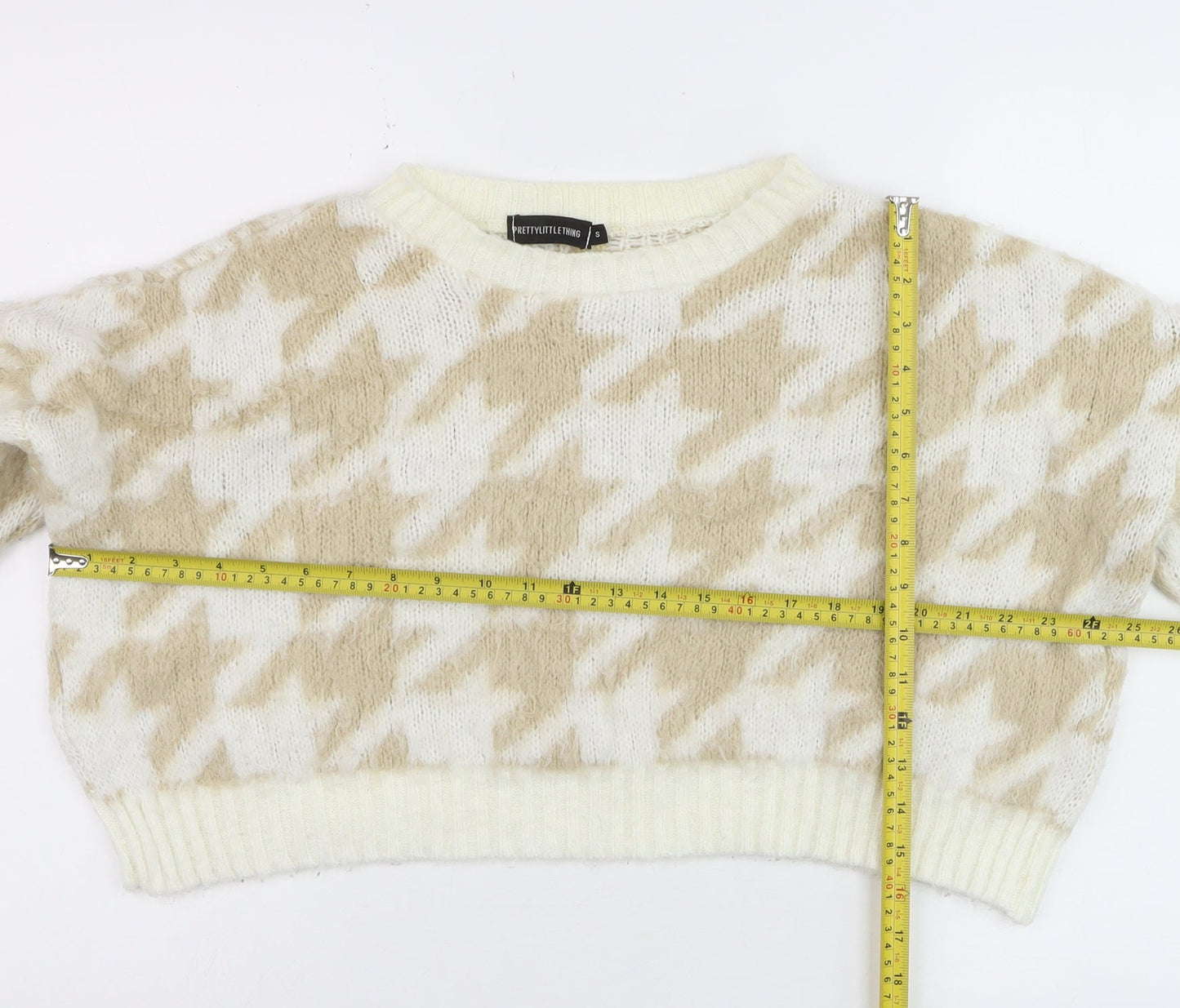 PrettyLittleThing Women’s Beige Houndstooth Knit Jumper Size S