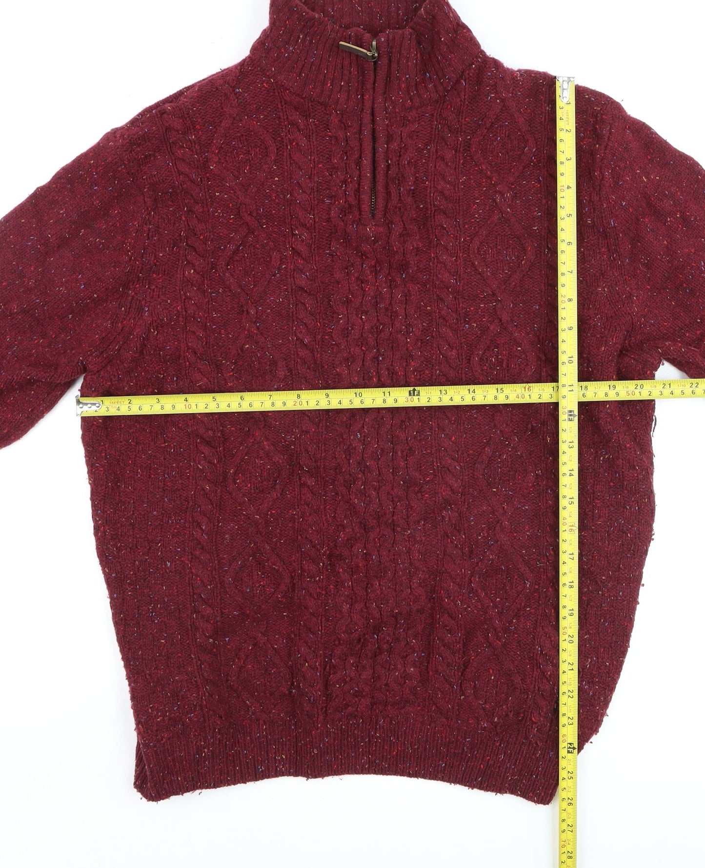Peter Gribby Men's Red Wool Cable Knit 1/2 Zip Jumper Size L