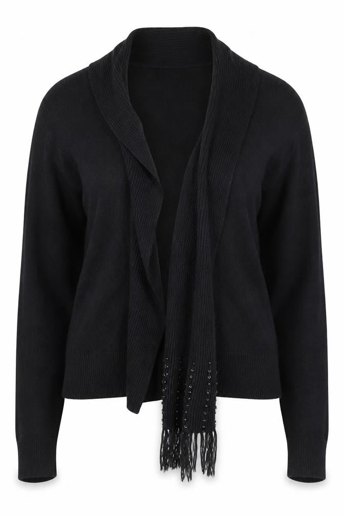 Alibi Knits Women’s Black XL Acrylic Knit Cardigan with Fringe