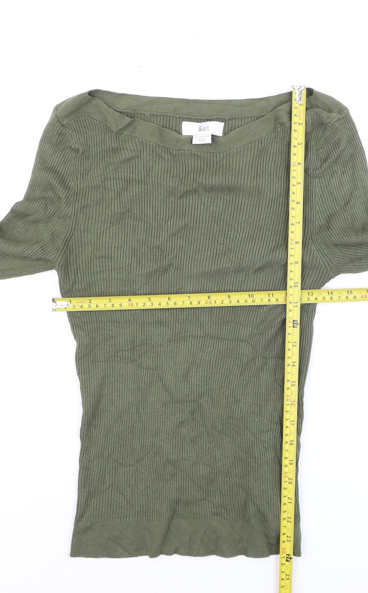 &et Women Green Long Sleeve Ribbed Pullover Knit Jumper Size 16