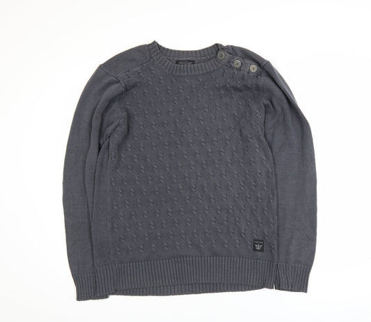 Firetrap Men's Grey Cotton Acrylic Crew Neck Button Jumper M