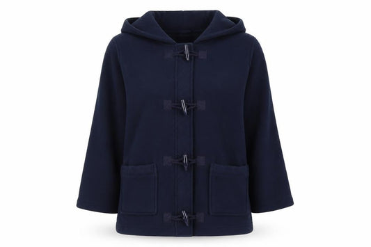 Front view of EWM women’s blue hooded mid-length duffle coat, size M, fleece
