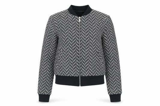Front view of Miss Selfridge Women’s Black Herringbone Bomber Jacket, size UK 6