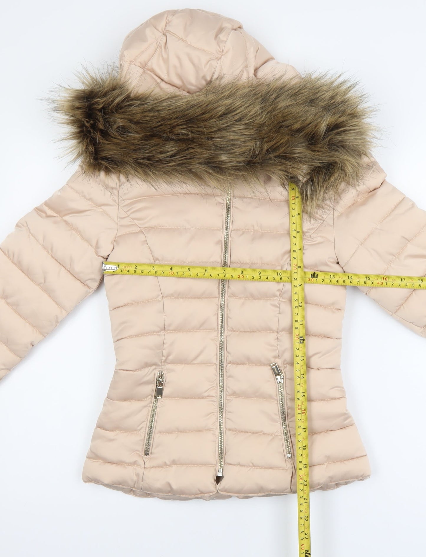H&M Divided Women’s Beige Faux Fur Hooded Puffer Jacket Size 4