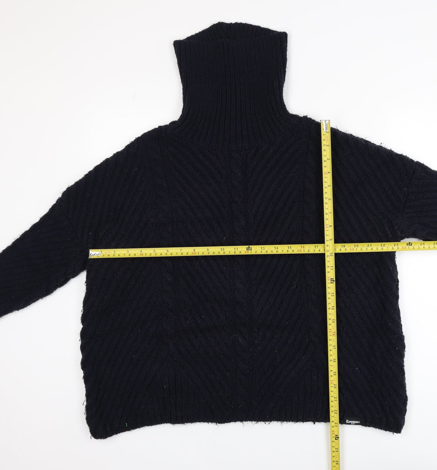 Superdry Women Black Roll Neck Cable-Knit Jumper Size 10