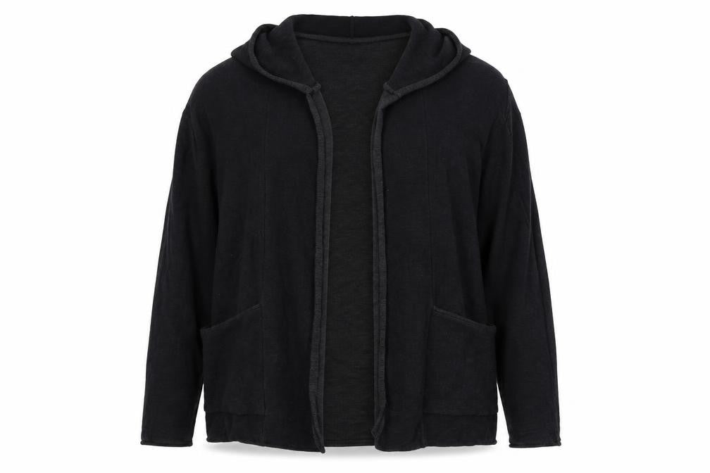 Review Womens Black Cotton Knit Cardigan L Hooded Open Front