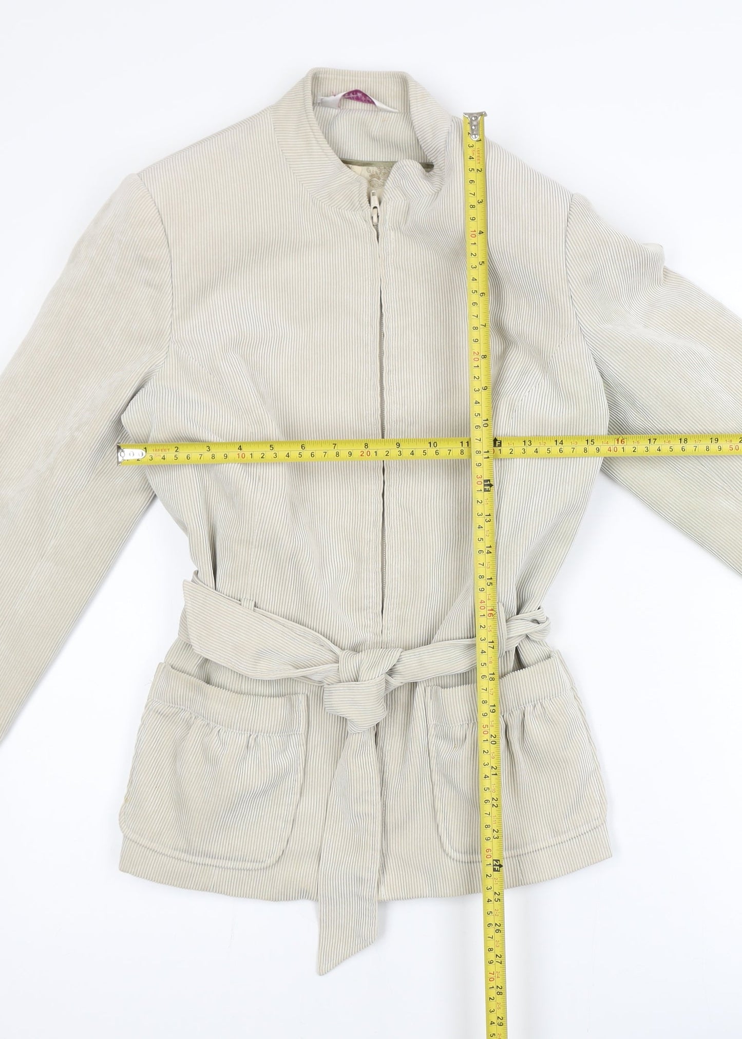 Bonmarché Women Beige Corduroy Belted Zip Jacket Size 12