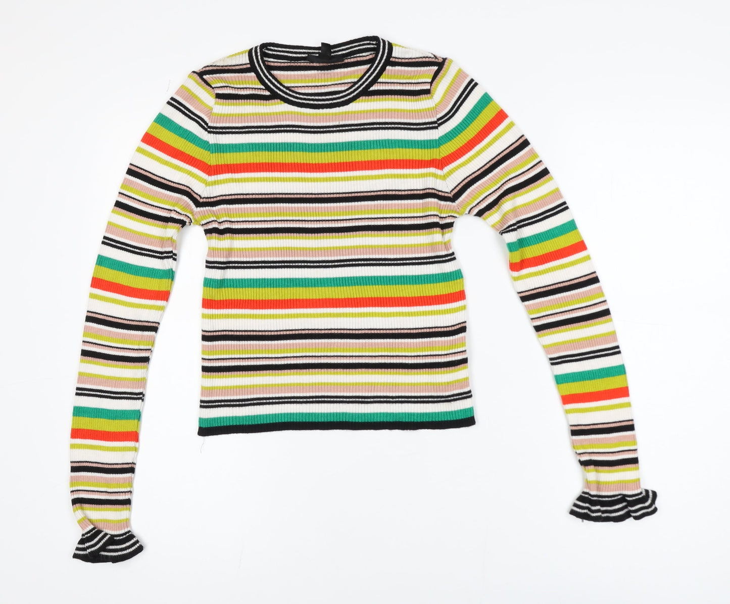 Topshop Women’s Multicoloured Striped Ribbed Knit Long Sleeve Ringer Top Size 10