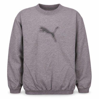 Front view of Puma boys’ grey crew neck pullover sweatshirt, size 164, logo embroidered top