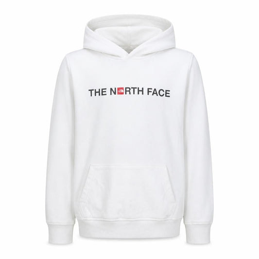 Front view of The North Face boys’ white cotton pullover hoodie, size L, youth
