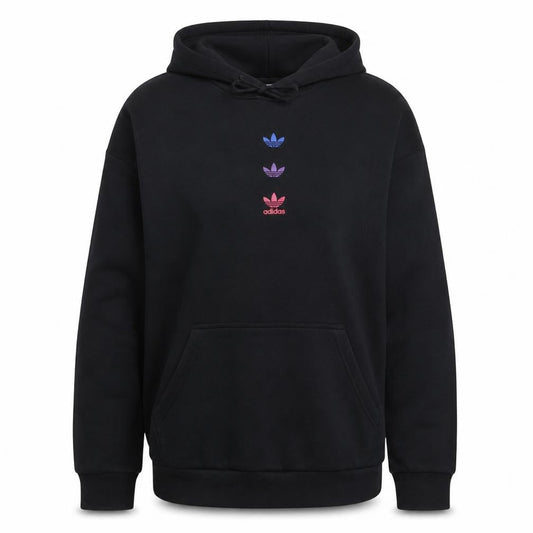 Front view of Adidas women’s black xs pullover hoodie with gradient trefoil logo