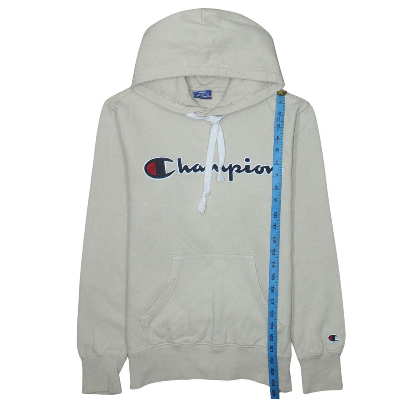 Champion Men's Beige Small Pullover Hoodie with Logo Front