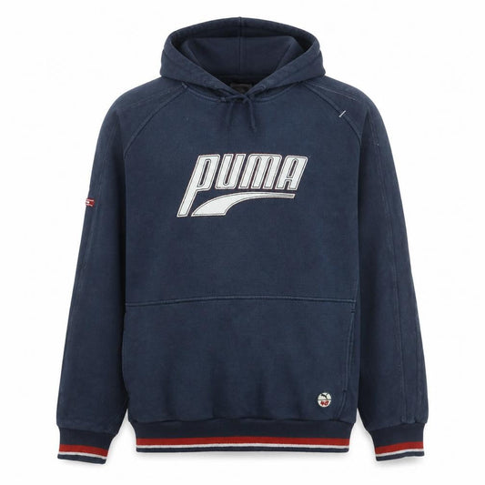 Front view of Puma Men's Blue Pullover Hoodie L Vintage Sports Graphic
