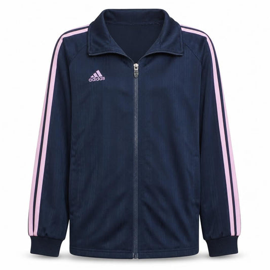 Front view of adidas girls’ blue pink stripe climalite track jacket, size 13-14, years