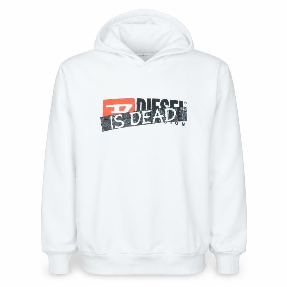 Diesel Men's White Pullover Hoodie L Graphic Print Cotton Sweatshirt