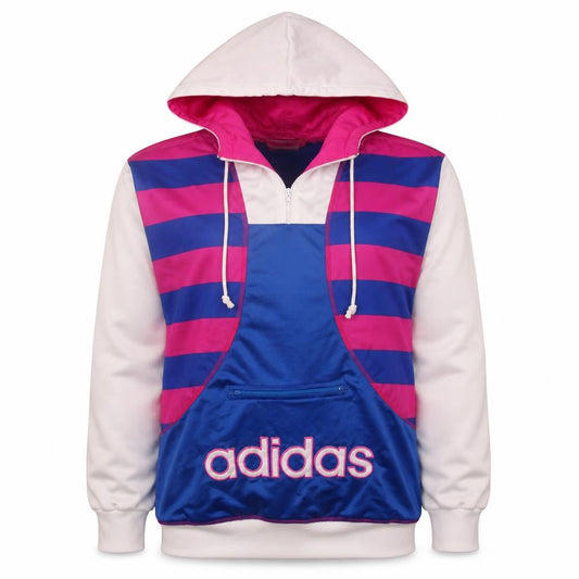 Front view of Adidas girls’ blue pink striped hooded sweatshirt, size 12, full zip