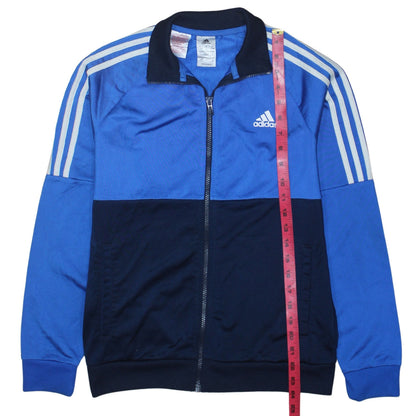 Close-up detail of Adidas boys’ blue colourblock track jacket 13-14 years zip lightweight